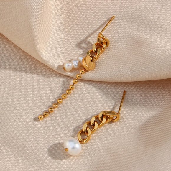 Asymmetrical Dainty Drop Pearl Earrings 18K Gold Plated Stainless‎ Steel - Picture 1 of 11